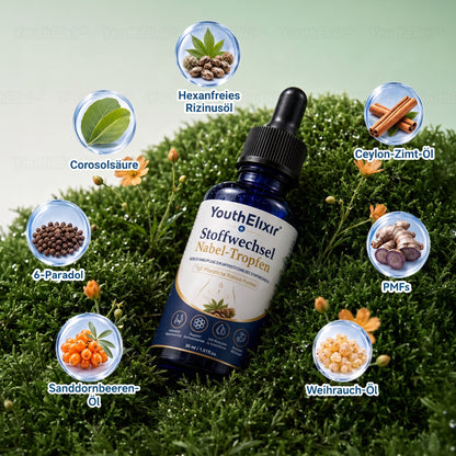 🌻🌻 YouthElixir® Metabolism Navel Drops – Mit hexan-freiem Rizinusöl und Corosolsäure für die Unterstützung der Stoffwechselbalance, des Gewichtsmanagements, der Hautpflege, der Energieversorgung und des allgemeinen Wohlbefindens.